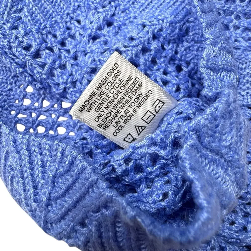 No Comment Crochet Top Blue Spread Collar Womens Med Button Up Knit Cardigan New